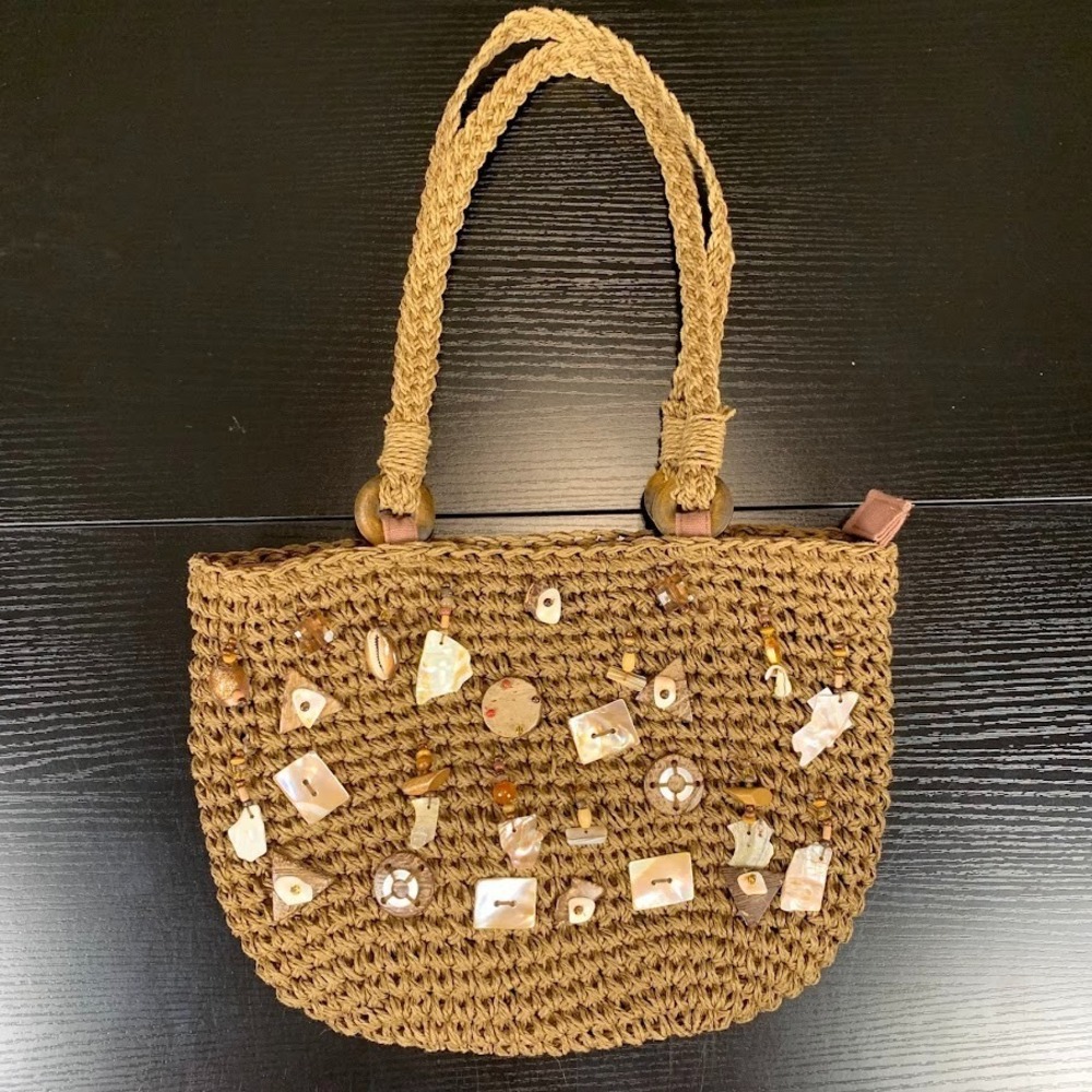 VTG Cappelli Straworld Brown Woven Shoulder Bag Beaded Shells Boho Coastal Chic